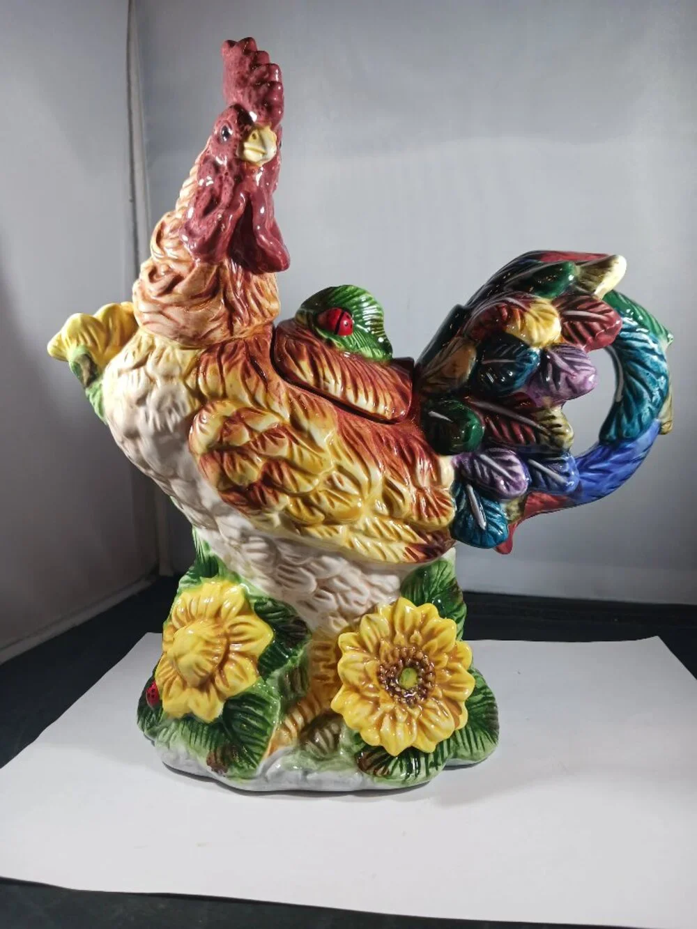 Rooster Vintage Teapot Farm Home Kitchen Yellow Sunflowers Chicken